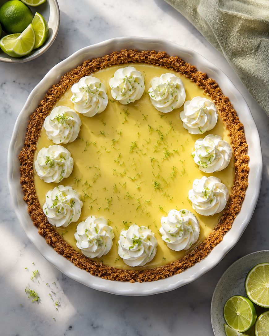A key lime pie with a crumbly crust, topped with swirls of whipped cream and lime zest, sits on a marble surface next to fresh limes and a green cloth.