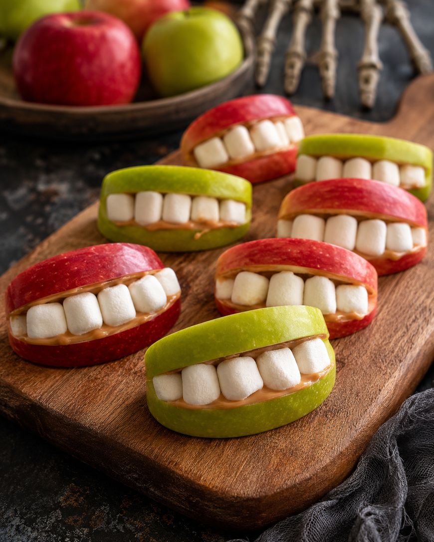 Apple slices with peanut butter and mini marshmallows arranged as smiling mouths on a wooden board, with whole apples and a decorative skeleton hand in the background.