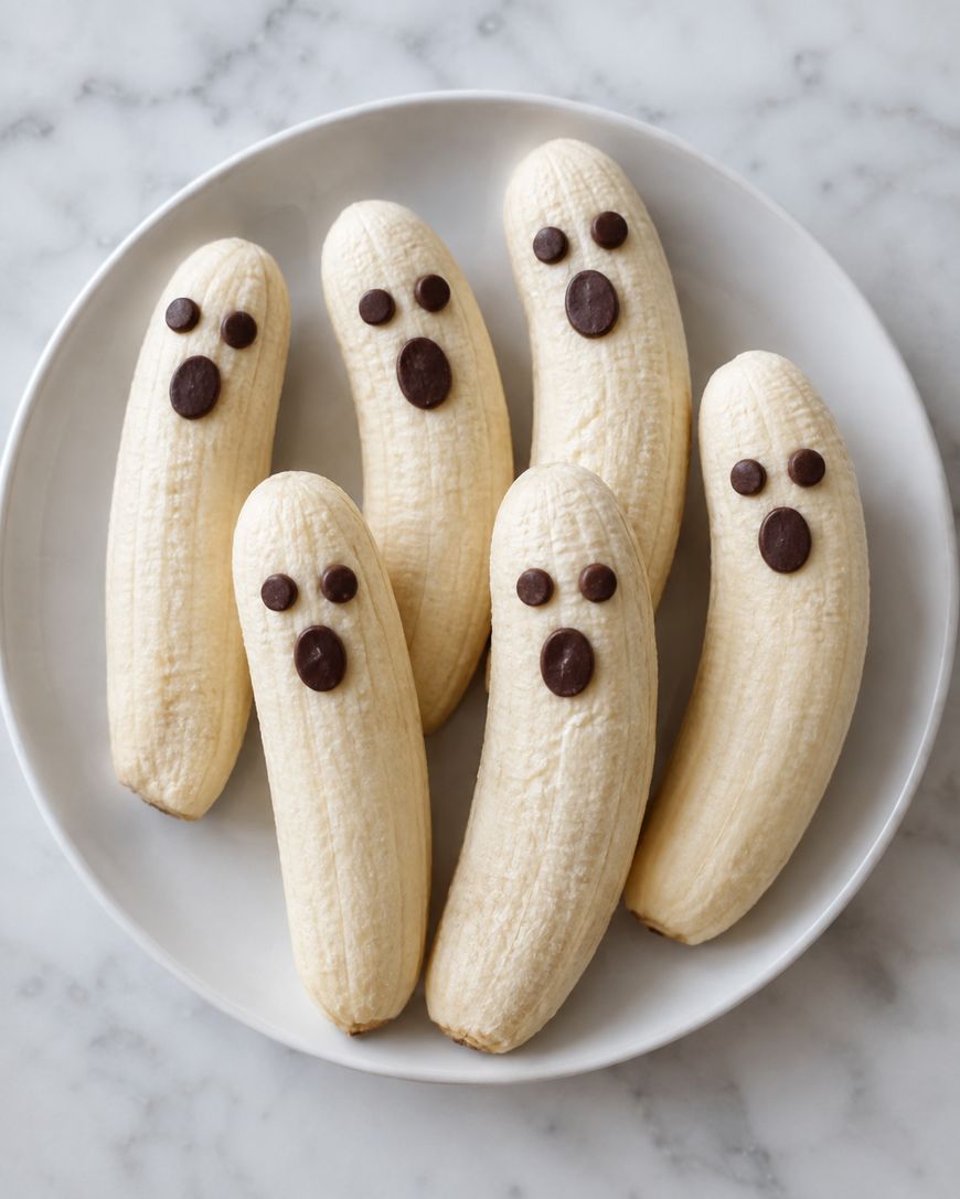 Six peeled bananas arranged on a white plate, each decorated with chocolate chips to resemble ghost faces, with two eyes and an open mouth. The background is a marble surface.