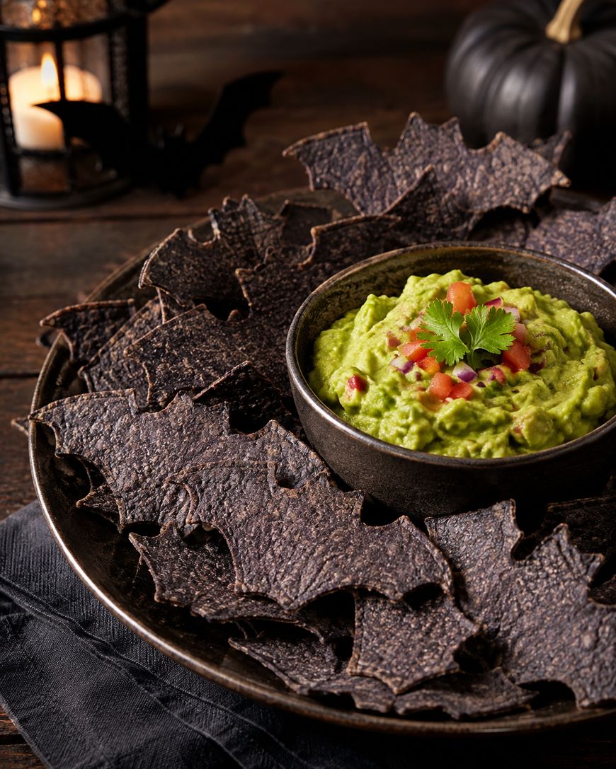 A bowl of guacamole is surrounded by black, bat-shaped tortilla chips on a dark plate. A lit candle in a lantern and a black pumpkin are in the background, creating a Halloween-themed setting.