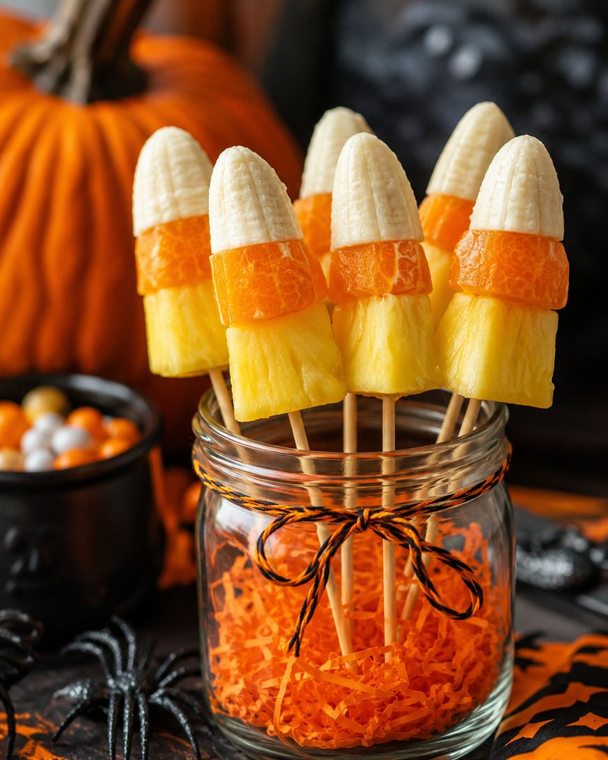 Fruit skewers with pineapple, mandarin orange, and banana segments are arranged in a glass jar decorated with orange shredded paper and ribbon. Halloween decorations and a pumpkin appear in the background.