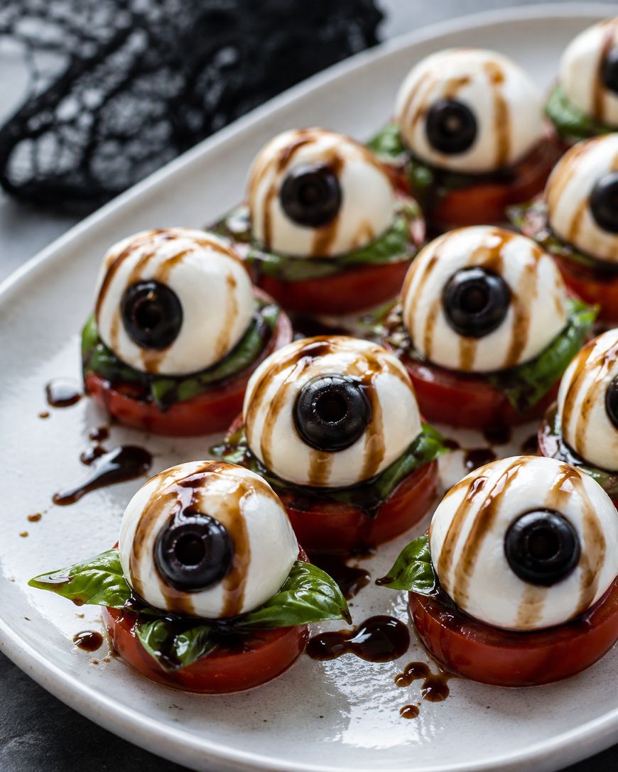 Caprese salad bites made to look like eyeballs, with mozzarella balls, olives, basil, and tomato slices, drizzled with balsamic glaze, arranged on a white platter.
