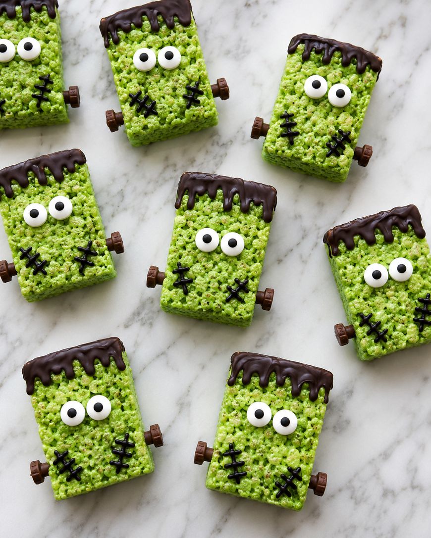 Eight green, Frankenstein-themed rice crispy treats with chocolate hair, candy eyes, pretzel mouths, and mini chocolate ears are arranged on a white marble surface.