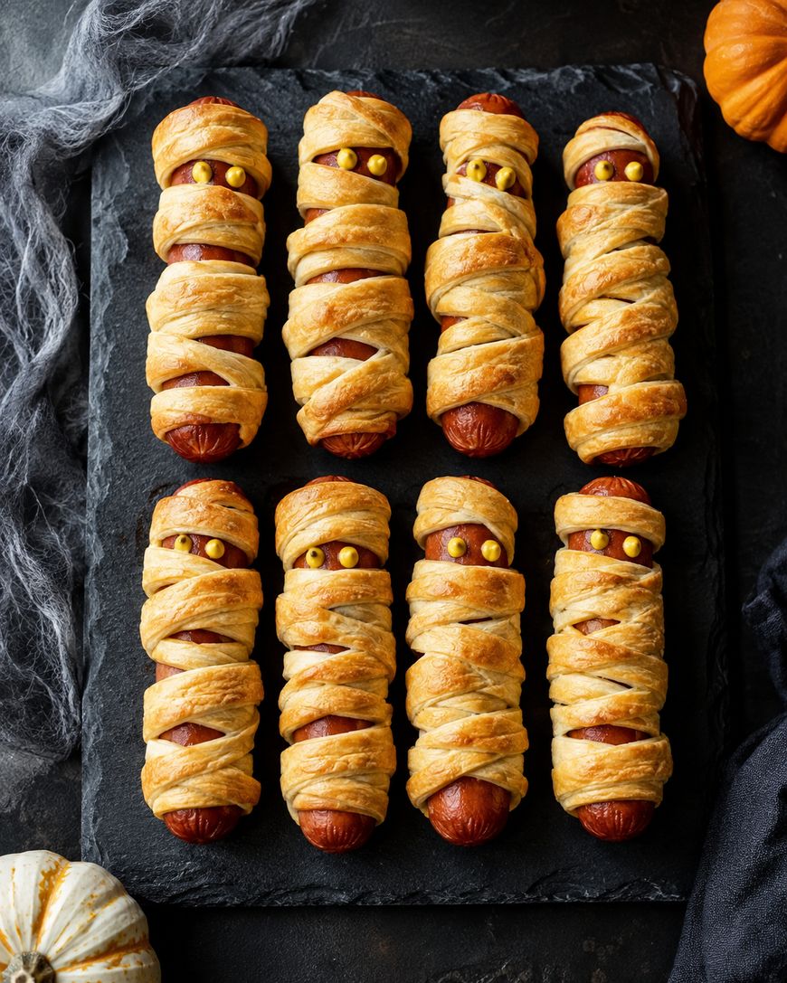 Eight hot dogs wrapped in golden puff pastry to resemble mummies, with yellow dots for eyes, are arranged on a black slate board. Decorative cobwebs and mini pumpkins surround the board.