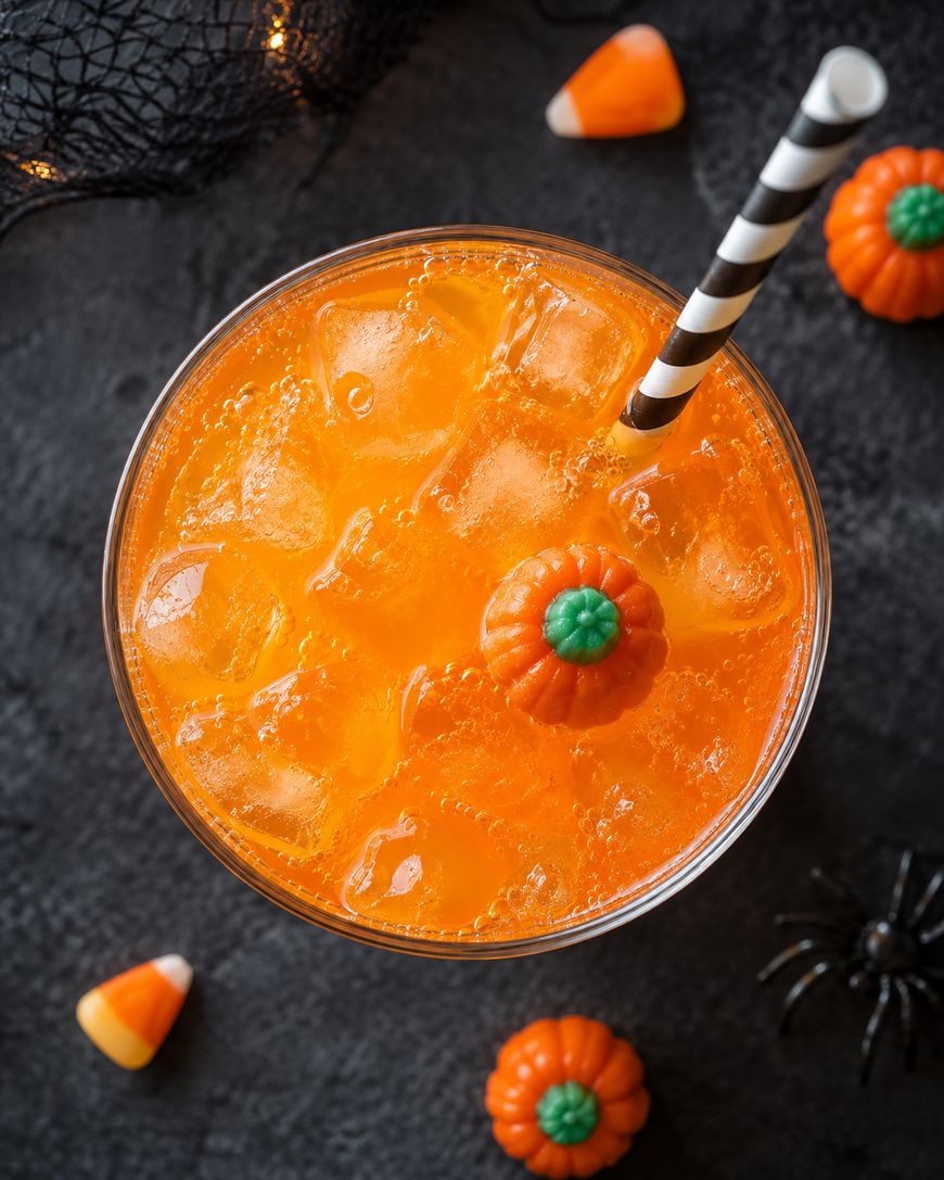 A top view of an orange iced drink with a striped straw, topped with a pumpkin-shaped candy. Candy corn, a plastic spider, and a net are nearby, creating a Halloween theme.