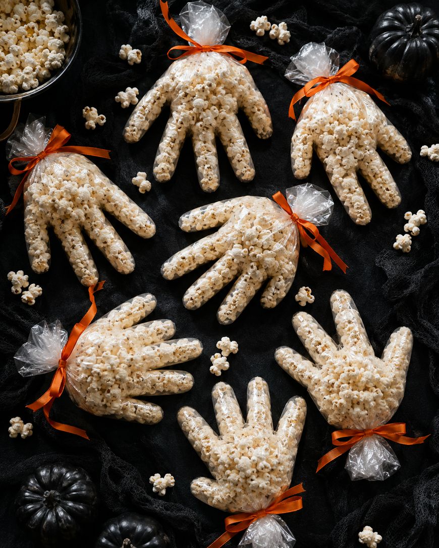 Seven popcorn-filled plastic gloves, tied with orange ribbons, are arranged on a black cloth with small popcorn pieces and black decorative pumpkins scattered around.