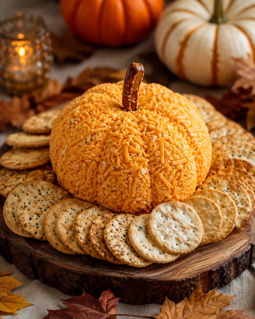 Pumpkin-shaped cheese ball covered in shredded cheese, topped with a pretzel stick stem, surrounded by assorted crackers on a wooden tray, with pumpkins and leaves in the background.