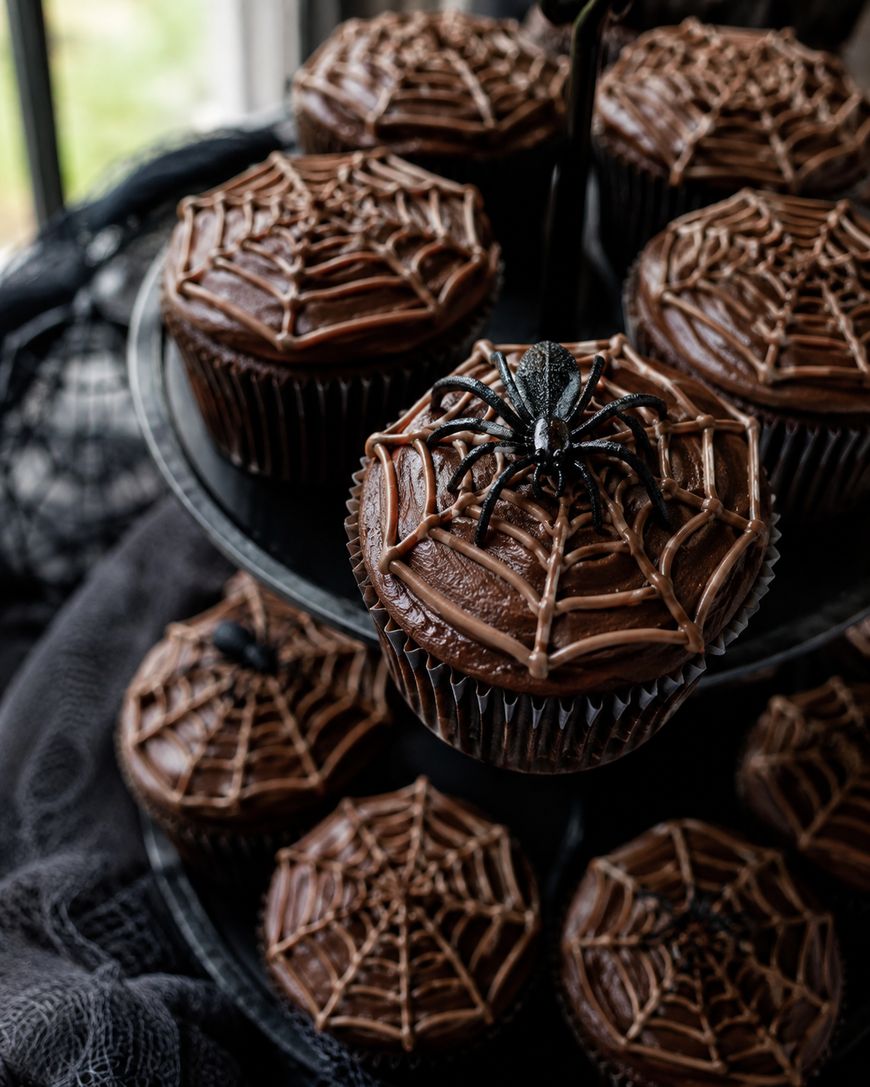 Chocolate cupcakes decorated with spiderweb icing and topped with fake black spiders are arranged on a tiered stand, creating a spooky Halloween-themed display.