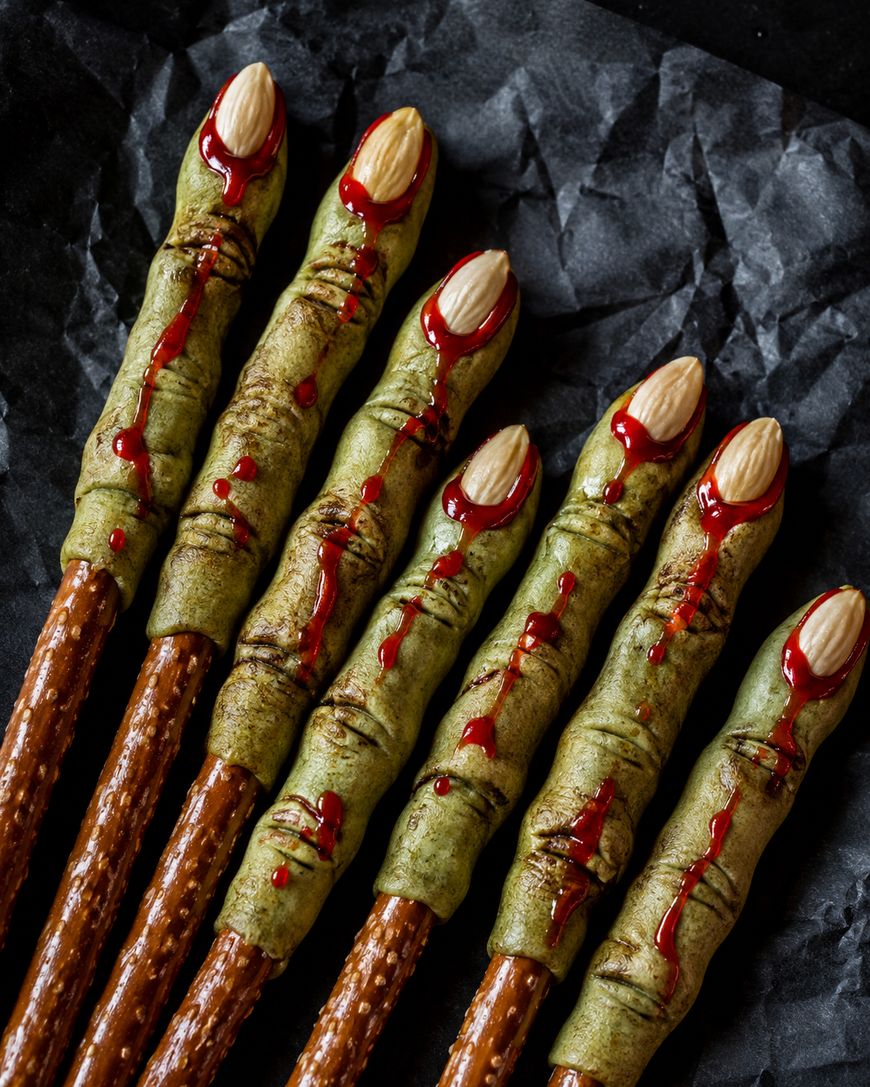 Six pretzel sticks decorated to look like witch fingers, covered in green coating with almond fingernails and red icing to resemble blood, placed on crumpled black paper.