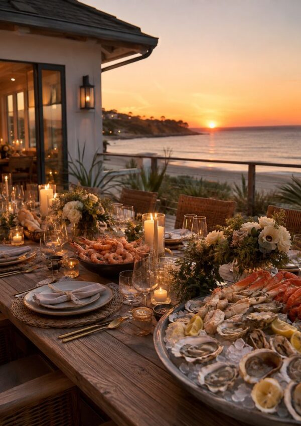 A candlelit outdoor dining table set with seafood, flowers, and glassware overlooks the ocean at sunset, with a beach house and the glowing sky in the background.