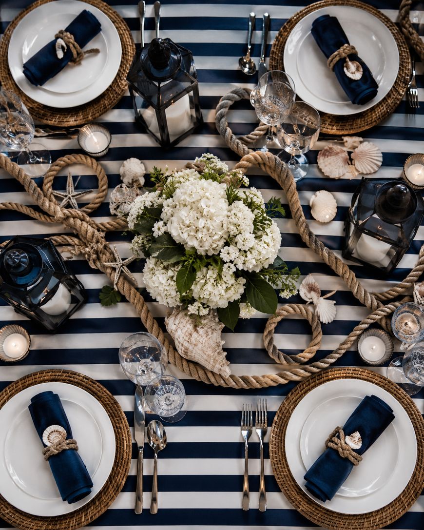 Nautical-themed table setting with striped tablecloth, white plates, navy napkins, lanterns, seashells, rope accents, and a central bouquet of white flowers. Glassware and candles add an elegant touch.