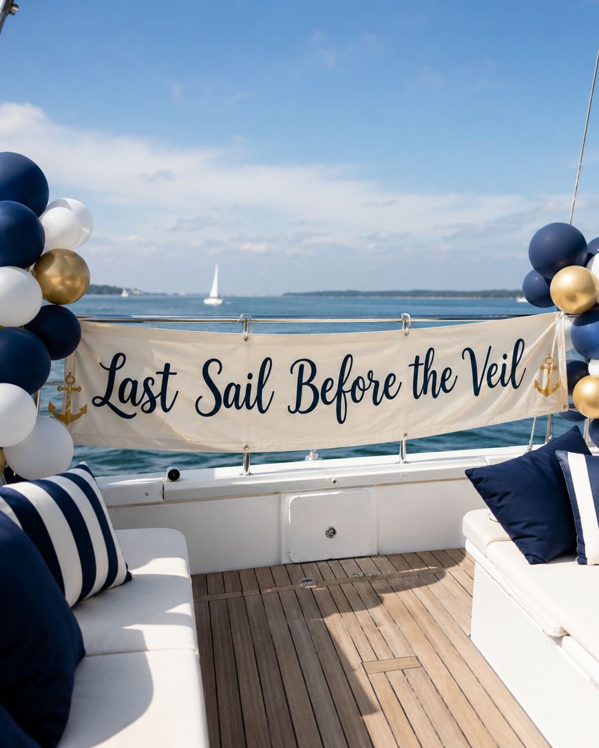 A boat deck decorated with balloons and a banner reading Last Sail Before the Veil, with a view of the ocean and a distant sailboat under a partly cloudy sky.
