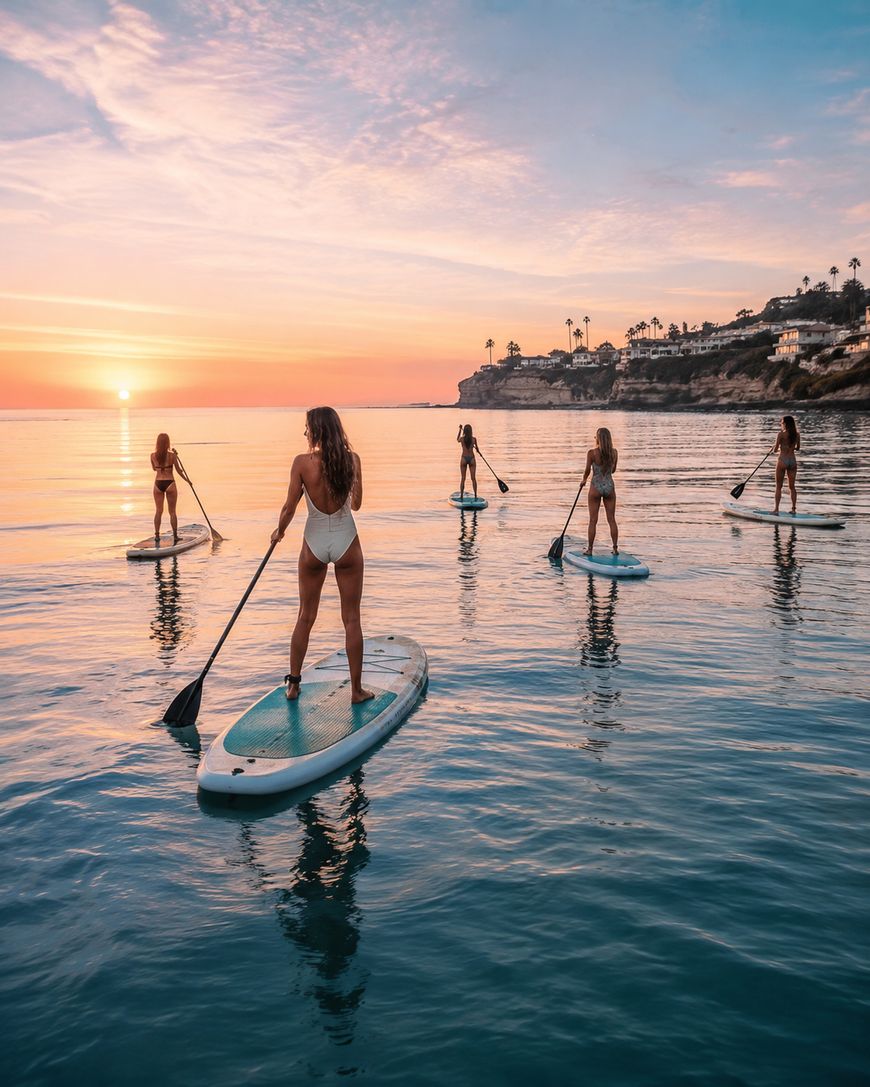 Five women on paddleboards enjoy a calm sea at sunset, with cliffs and houses in the background and a colorful sky reflecting on the water.