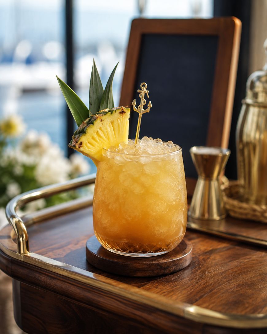 A tropical cocktail with crushed ice, garnished with pineapple and leaves, sits on a wooden tray beside a jigger and a shaker, with a nautical anchor stirrer and a blurred outdoor background.