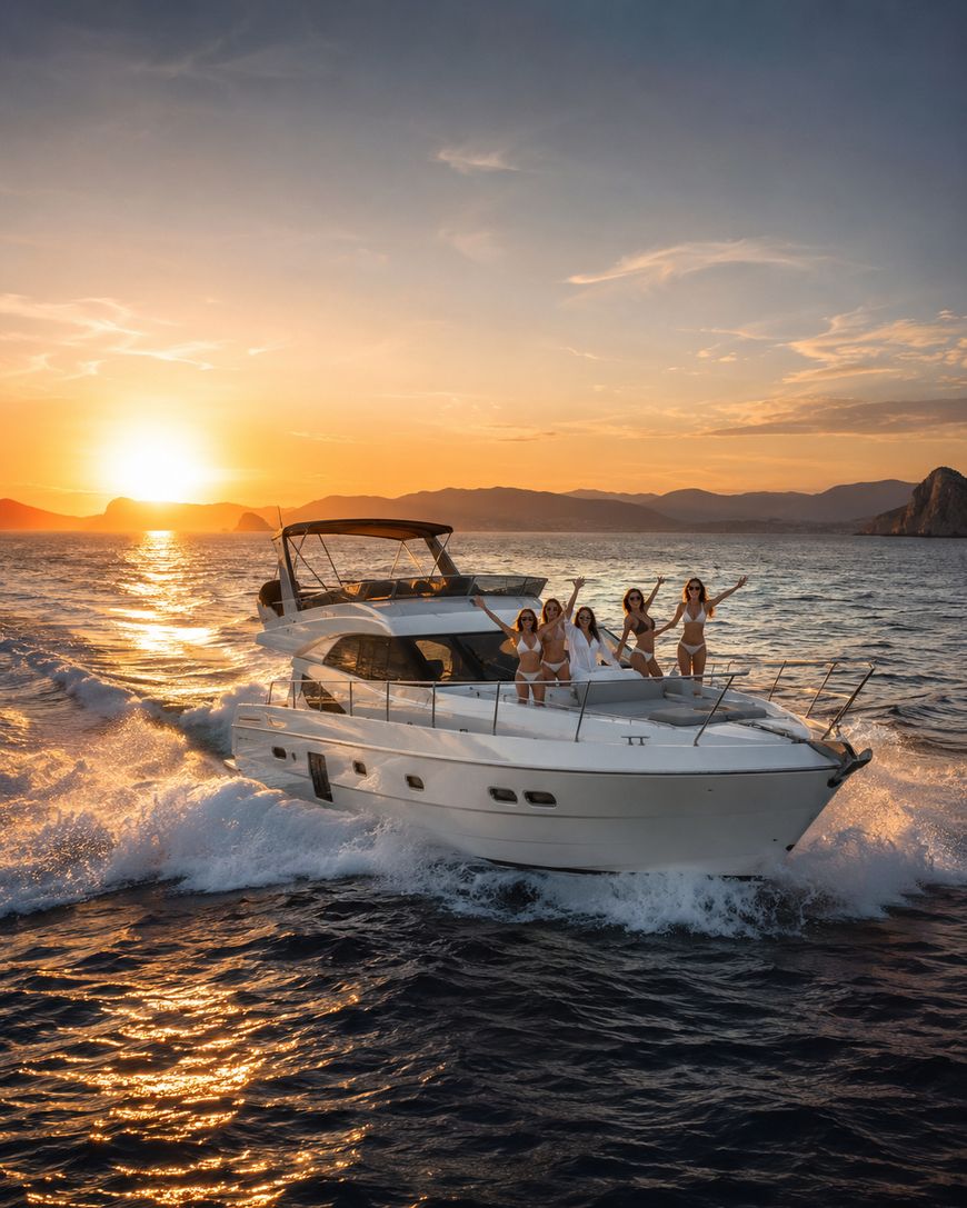 A group of people enjoy a ride on a white yacht at sunset, surrounded by water and distant mountains, creating splashes as the boat moves quickly.