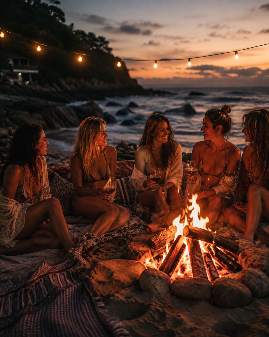 Five women sit around a campfire on a beach at sunset, laughing and holding drinks. String lights hang above, and waves crash in the background. The scene is warm and relaxed.