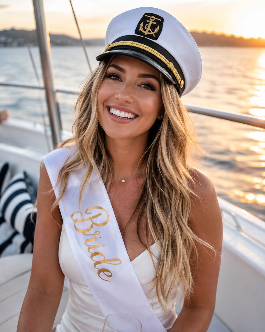 Smiling woman wearing a white captains hat and a Bride sash sits on a boat at sunset, with water and distant hills visible in the background.