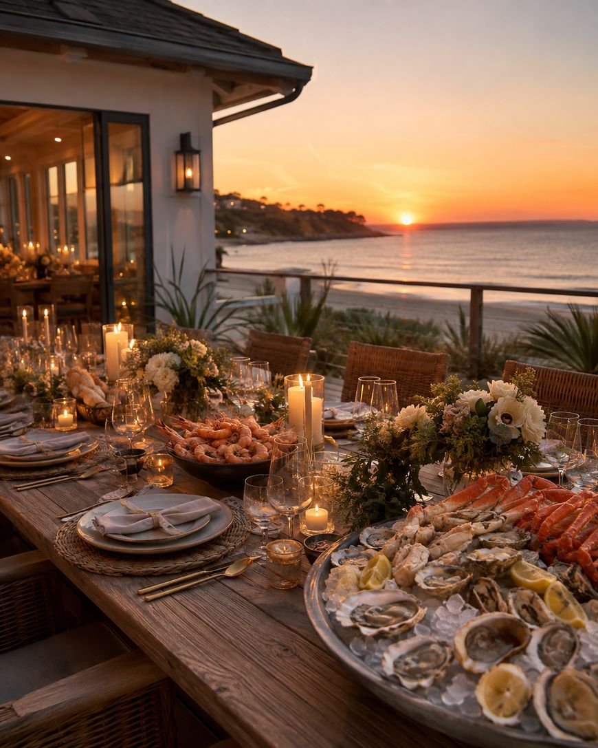 A wooden table set for dinner with seafood, candles, flowers, and glassware on a patio overlooking a beach at sunset, creating a warm and inviting atmosphere.