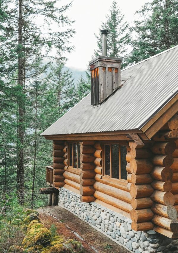 A rustic log cabin with a stone foundation and metal roof sits in a forest surrounded by tall evergreen trees. Designed to maximise space, its flexible interiors create a cozy retreat, while a chimney rises from the roof and mountains are visible in the background.