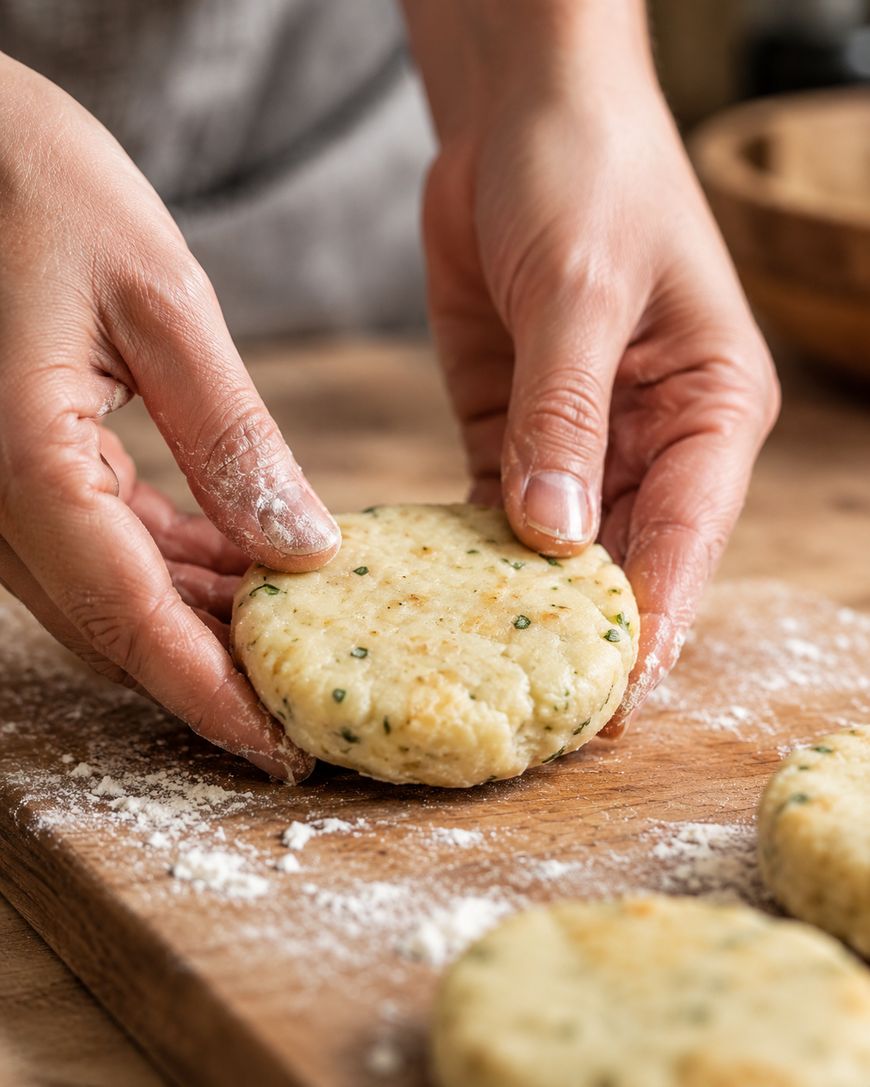 Hands shaping a round, uncooked biscuit dough with herbs on a floured wooden surface, with more biscuits and flour visible in the background.