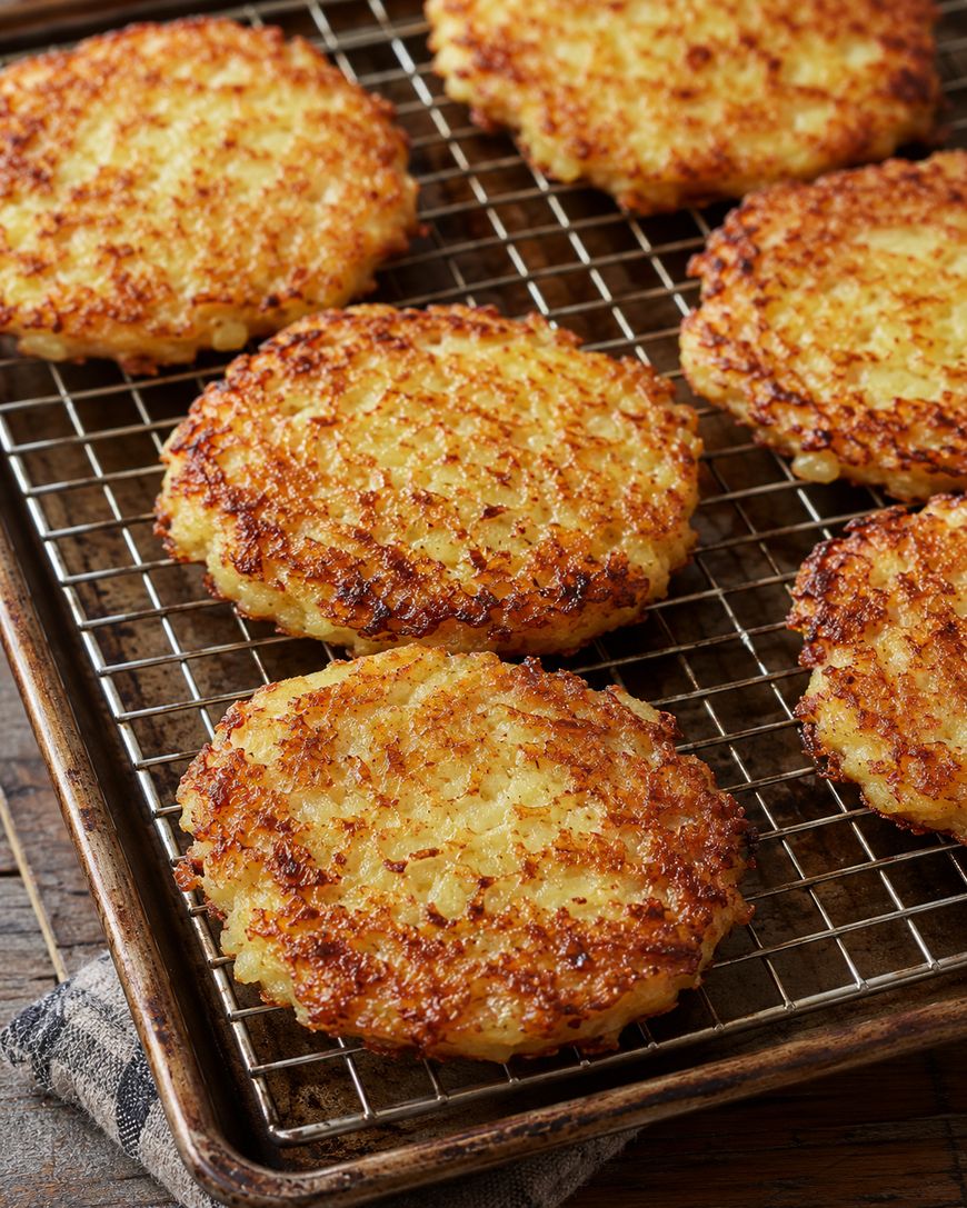 Six golden-brown potato pancakes rest on a wire rack over a baking sheet, cooling. The pancakes have a crispy, textured surface and are evenly spaced. A folded cloth napkin sits under the edge of the baking sheet.