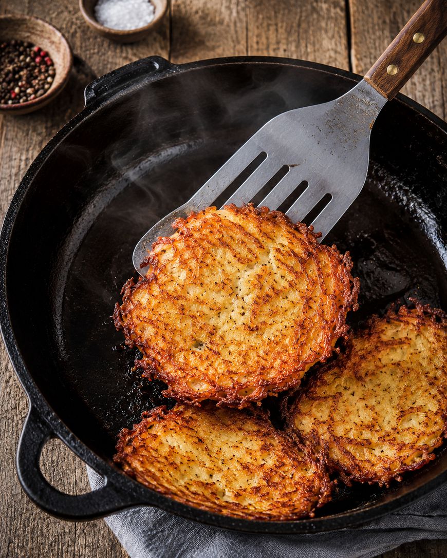Three crispy potato latkes are being cooked in a cast iron skillet. A metal spatula lifts one latke. Small bowls of salt and pepper are visible in the background on a rustic wooden surface.