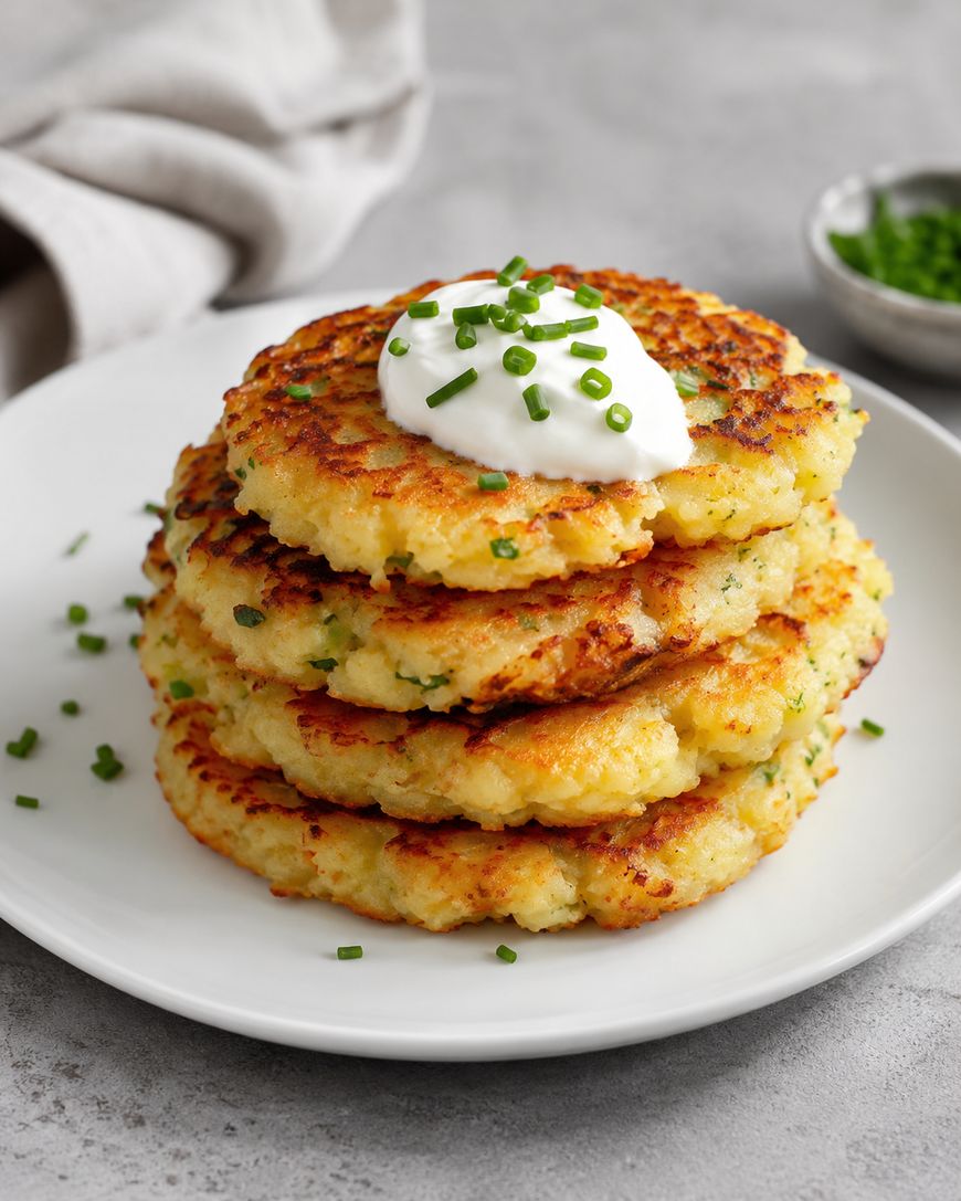 A stack of golden potato pancakes topped with a dollop of sour cream and chopped chives, served on a white plate with extra chives scattered around.