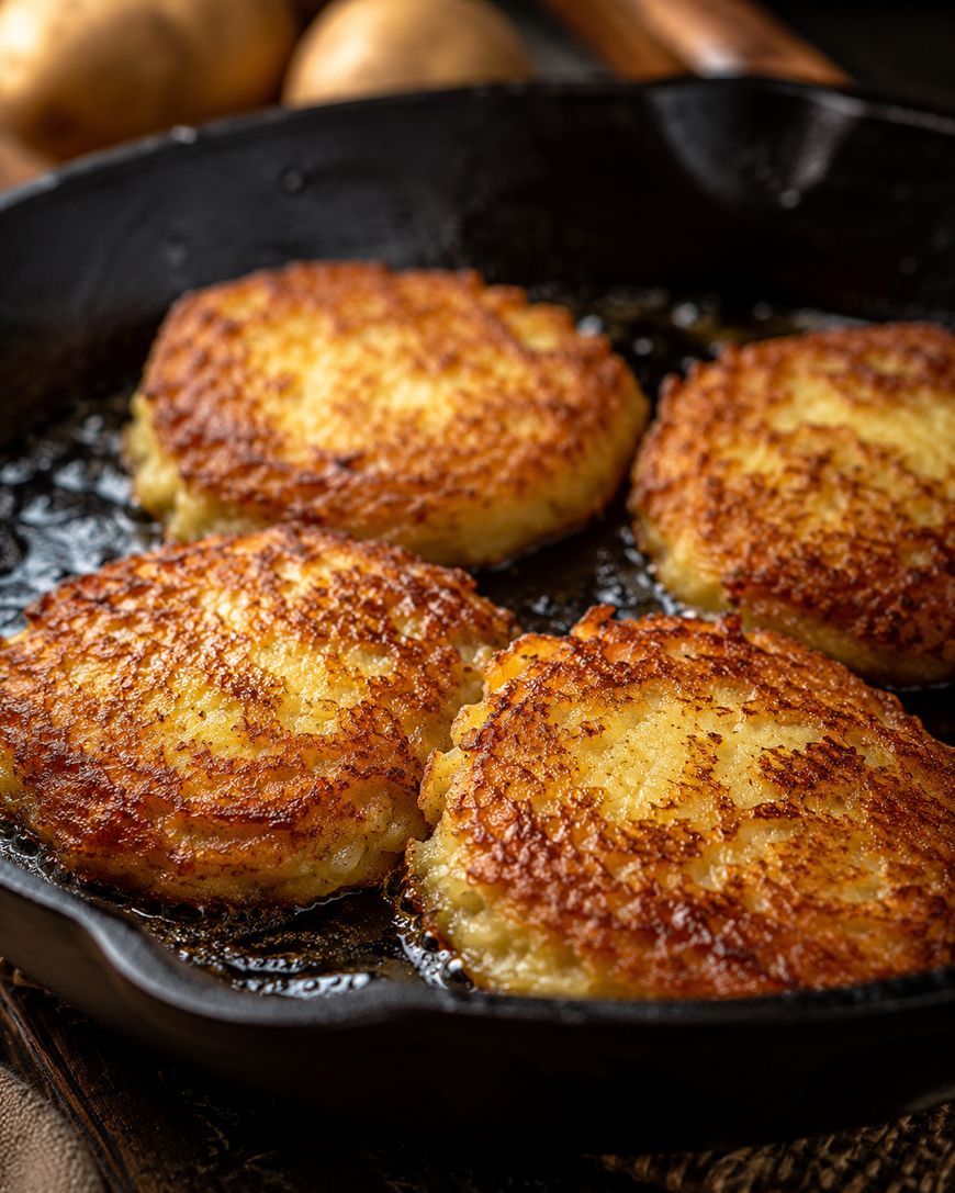 Four golden-brown potato pancakes are frying in a black cast iron skillet, with crispy edges and a textured surface. Potatoes are visible in the blurred background.