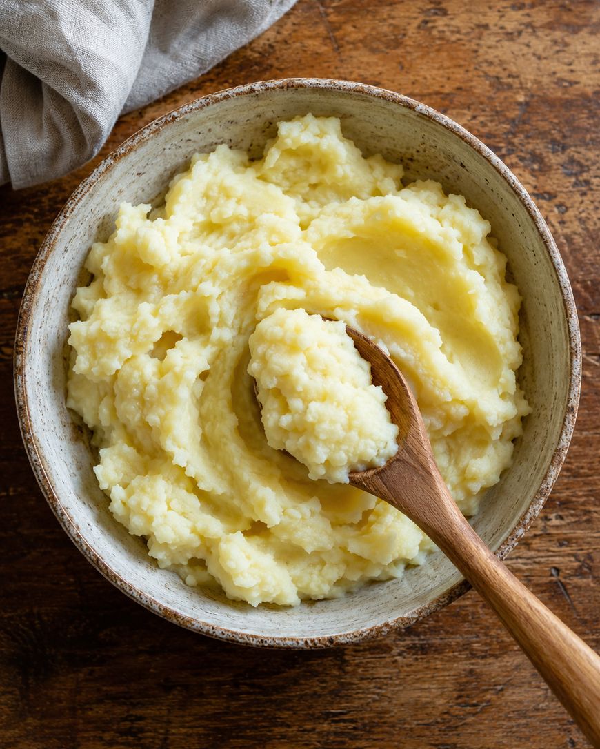 A bowl of creamy mashed potatoes with a wooden spoon resting inside, sitting on a wooden table.