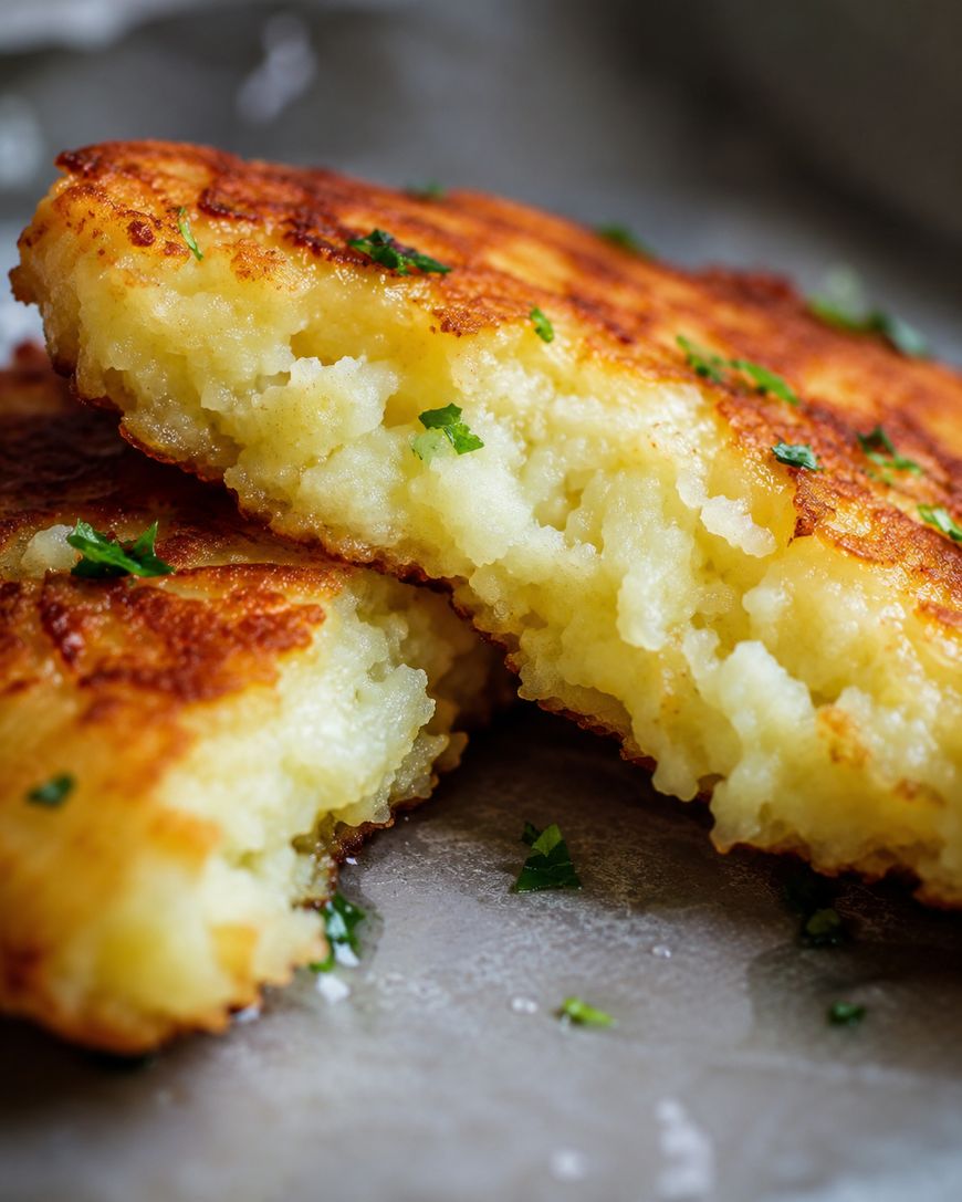 Close-up of two crispy, golden-brown potato pancakes, one broken open to reveal a fluffy, soft interior, garnished with chopped fresh herbs.