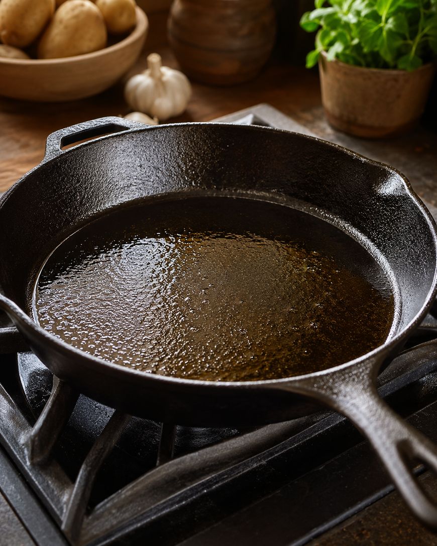 A cast iron skillet with a thin layer of oil sits on a stovetop. In the background, there are potatoes in a bowl, a garlic bulb, and a potted basil plant.