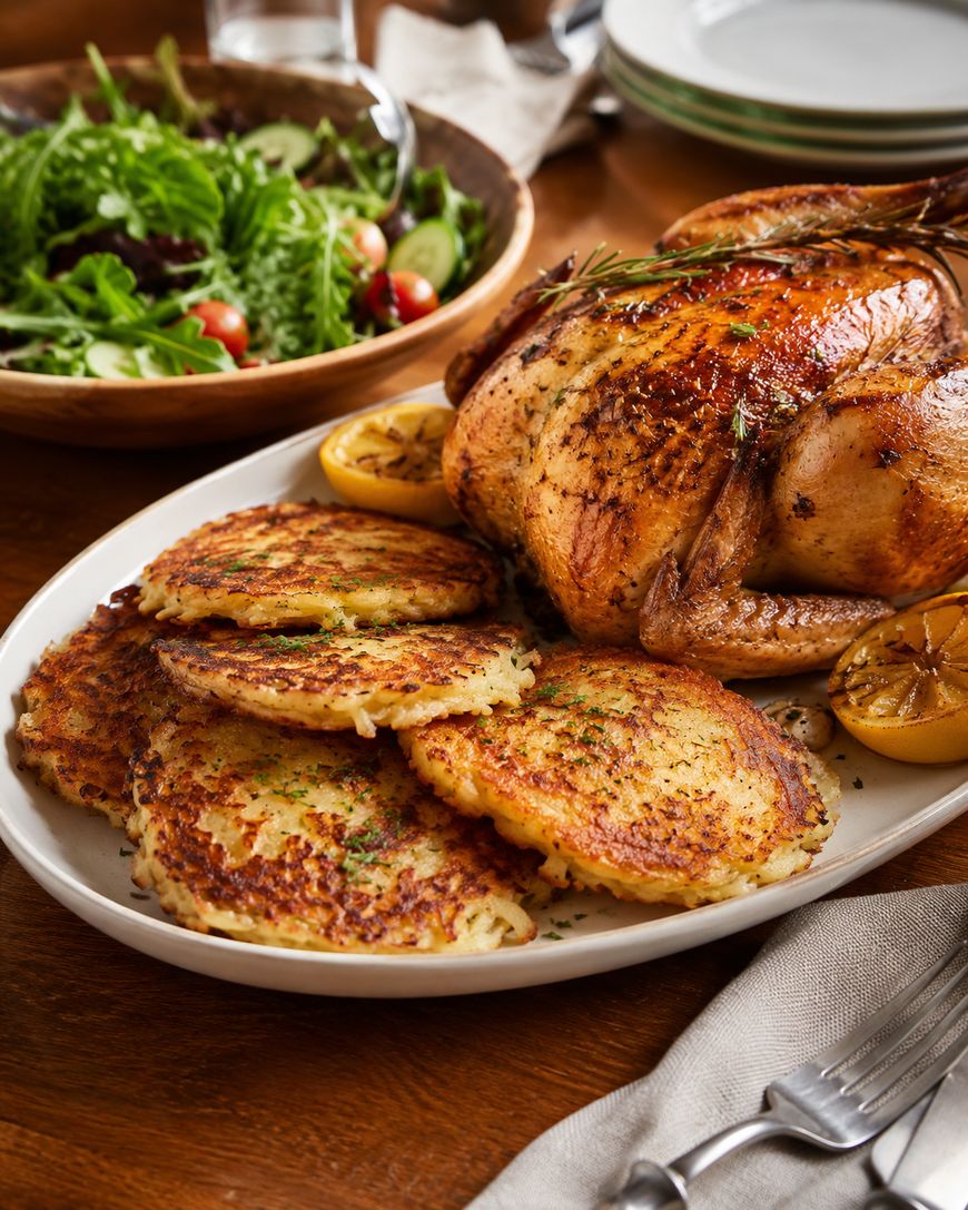 A roasted chicken with herbs and lemon is served on a platter next to crispy potato pancakes. A fresh green salad with tomatoes and cucumbers is in the background, with stacked plates and cutlery on the table.