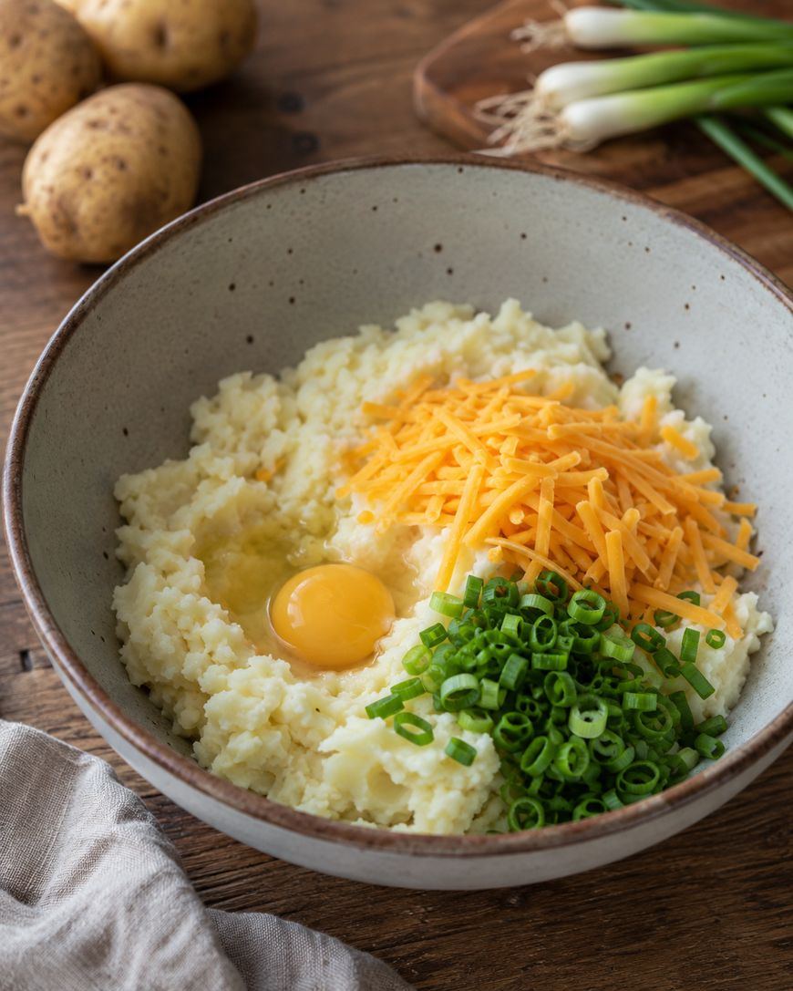A bowl with mashed potatoes, a raw egg, shredded cheddar cheese, and chopped green onions on a wooden table with potatoes and green onions in the background.