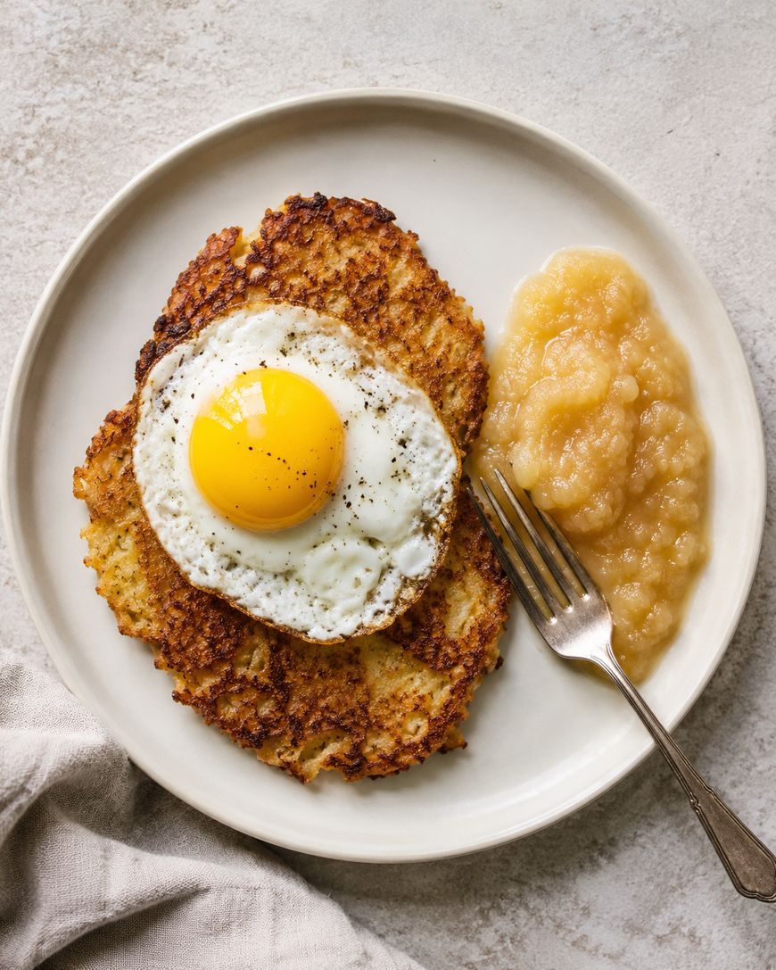 A plate with two crispy potato pancakes topped with a sunny-side-up egg, served with a side of applesauce and a fork.