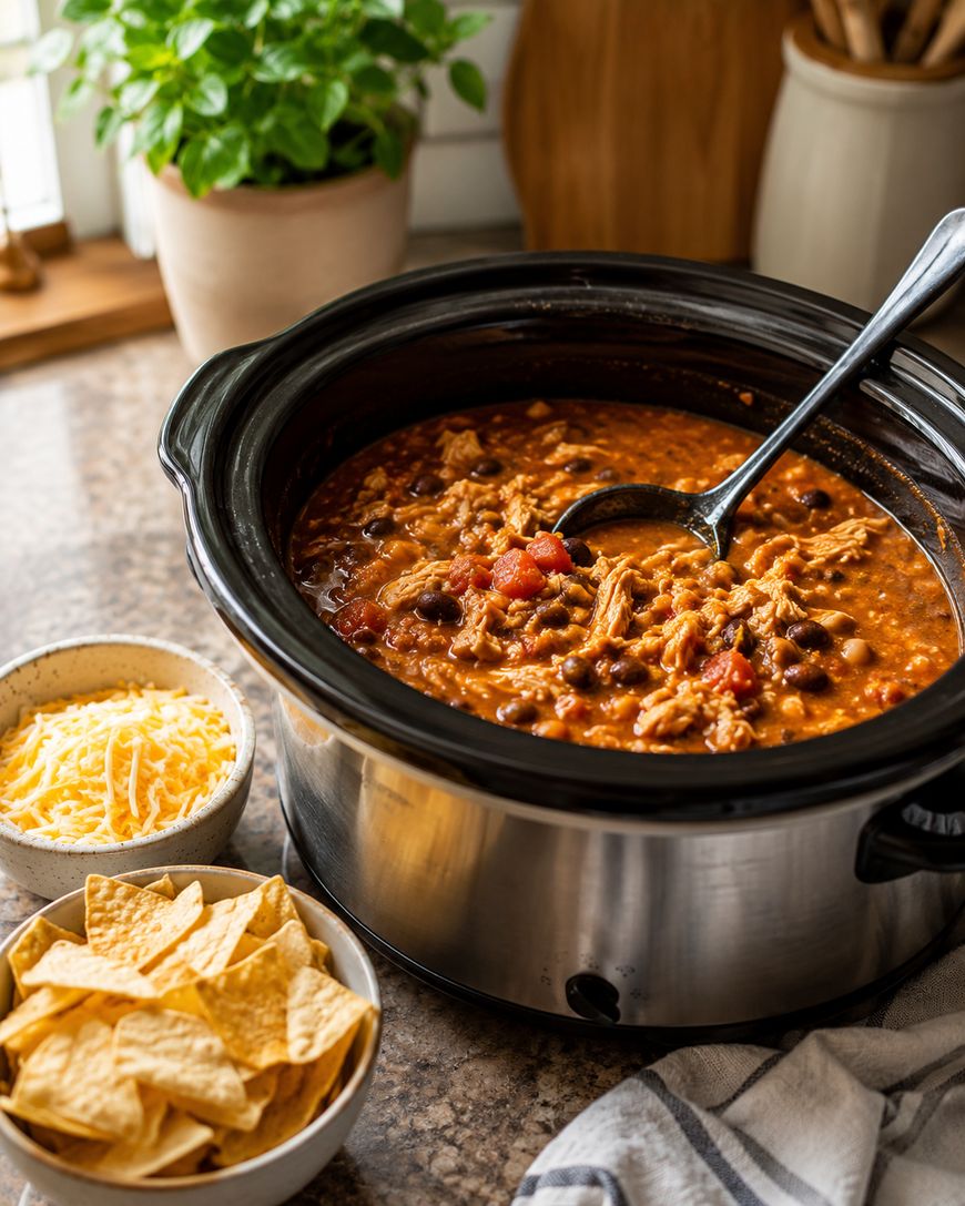 A slow cooker filled with chicken chili sits on a counter, with a ladle inside. Nearby are bowls of shredded cheese and tortilla chips. A potted plant is in the background.