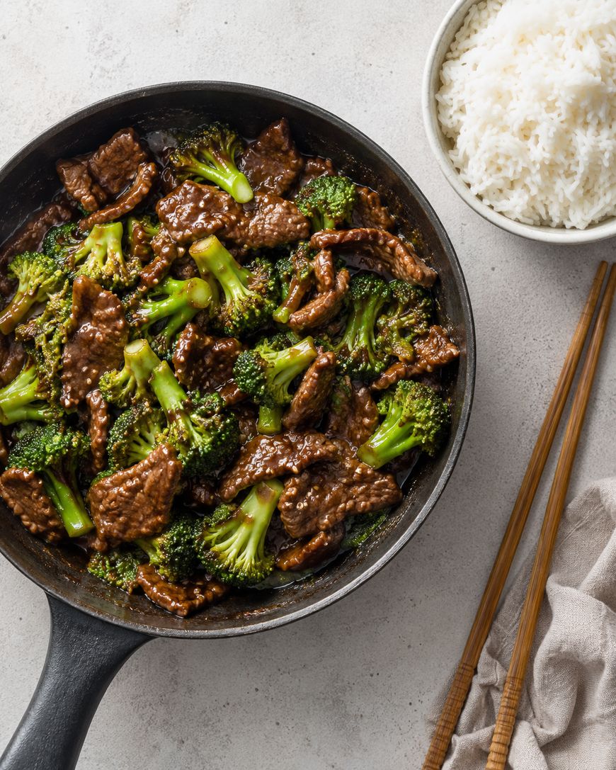 A skillet filled with beef and broccoli in sauce sits next to a bowl of white rice and a pair of wooden chopsticks on a light background.