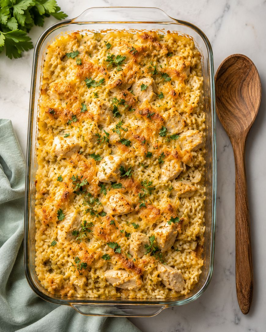 A glass baking dish filled with baked chicken and rice casserole, topped with melted cheese and chopped parsley, sits on a marble surface next to a wooden spoon and a folded light green cloth.