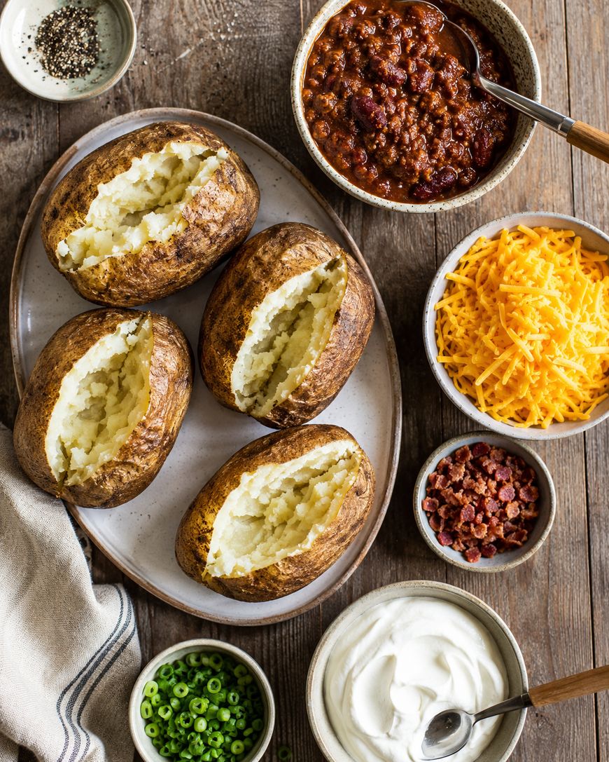 Baked potatoes on a plate with bowls of chili, shredded cheddar cheese, bacon bits, sour cream, chopped green onions, and pepper, all on a rustic wooden table.