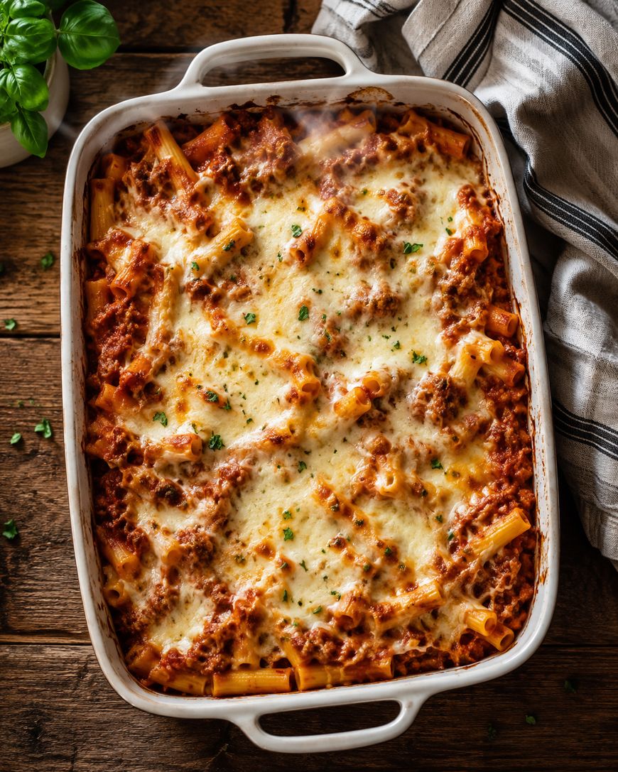 A baked pasta dish in a white casserole dish, topped with melted cheese and chopped herbs, sits on a wooden table next to a striped cloth and a basil plant.
