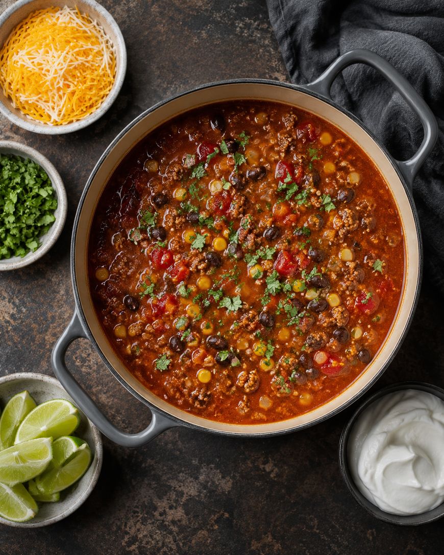 A pot of chili with beans, corn, ground meat, and tomatoes, garnished with cilantro. Surrounding the pot are bowls of shredded cheese, chopped herbs, lime wedges, and sour cream.