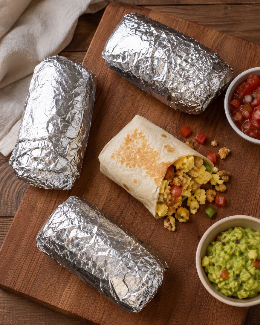 Four foil-wrapped burritos on a wooden board, one partially unwrapped to show scrambled eggs, veggies, and sausage filling. Bowls of guacamole and salsa are beside the burritos.