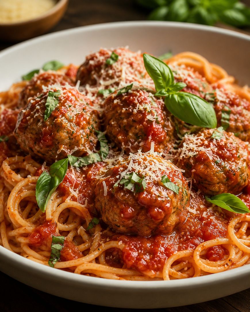 A bowl of spaghetti topped with tomato sauce, large meatballs, grated cheese, and fresh basil leaves.