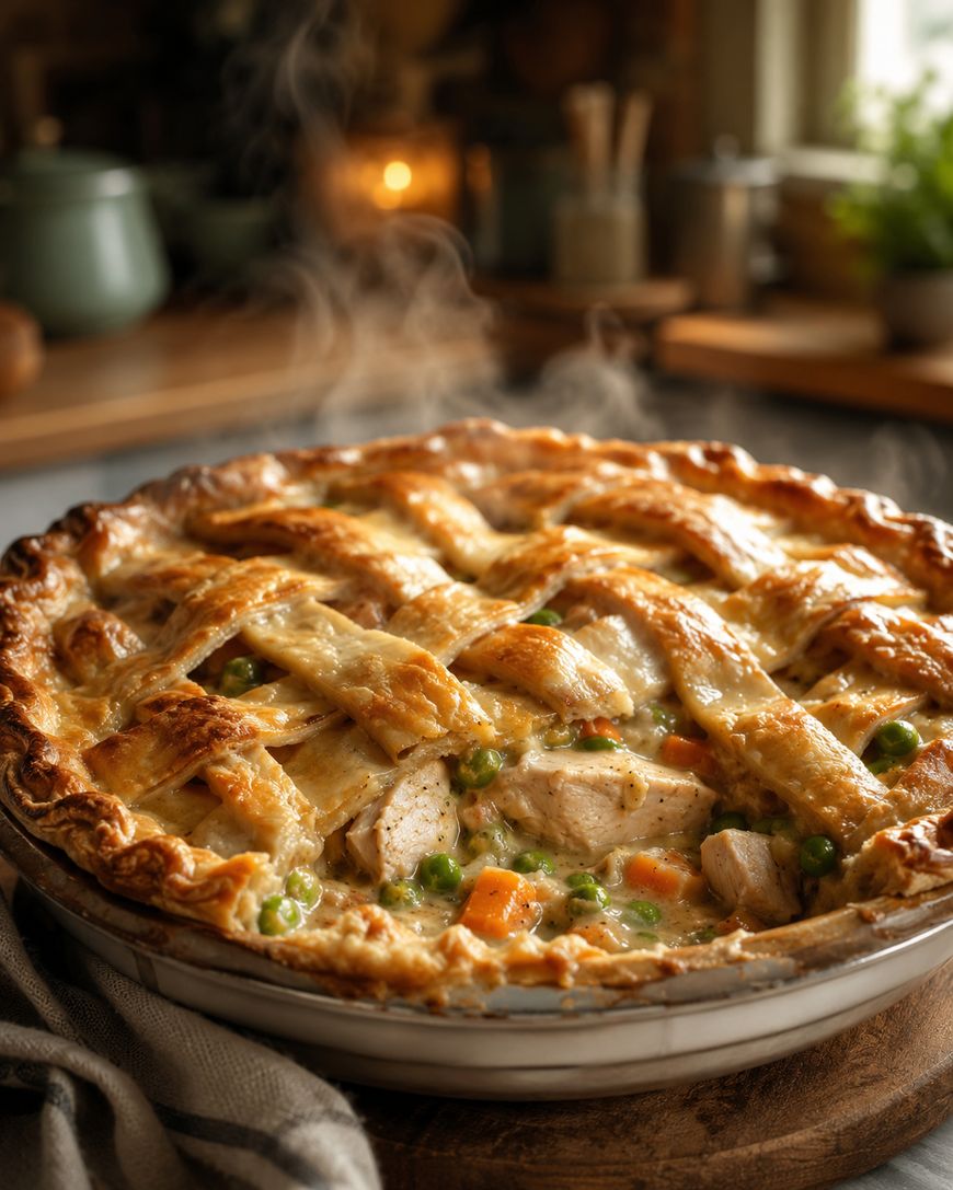A steaming chicken pot pie with a golden-brown lattice crust, filled with chicken, peas, and carrots, sits on a kitchen table with warm light and rustic decor in the background.