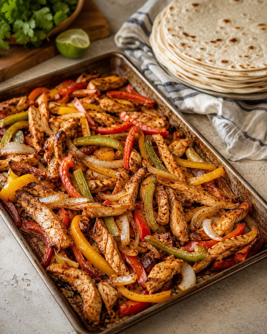 A sheet pan filled with cooked chicken strips, red, yellow, and green bell peppers, and onions, next to a stack of tortillas and fresh cilantro on a cutting board.