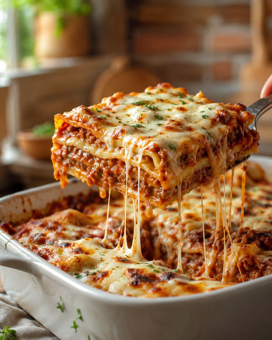 A close-up of a cheesy lasagna being lifted from a baking dish, with melted cheese stretching between the slice and the dish. The lasagna has layers of sauce, cheese, and pasta.