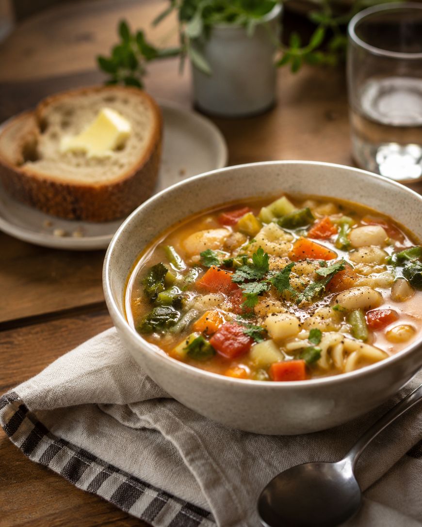 A bowl of vegetable soup with beans, noodles, and herbs sits on a napkin beside a spoon. In the background, there is a slice of bread with butter and a glass of water on a wooden table.