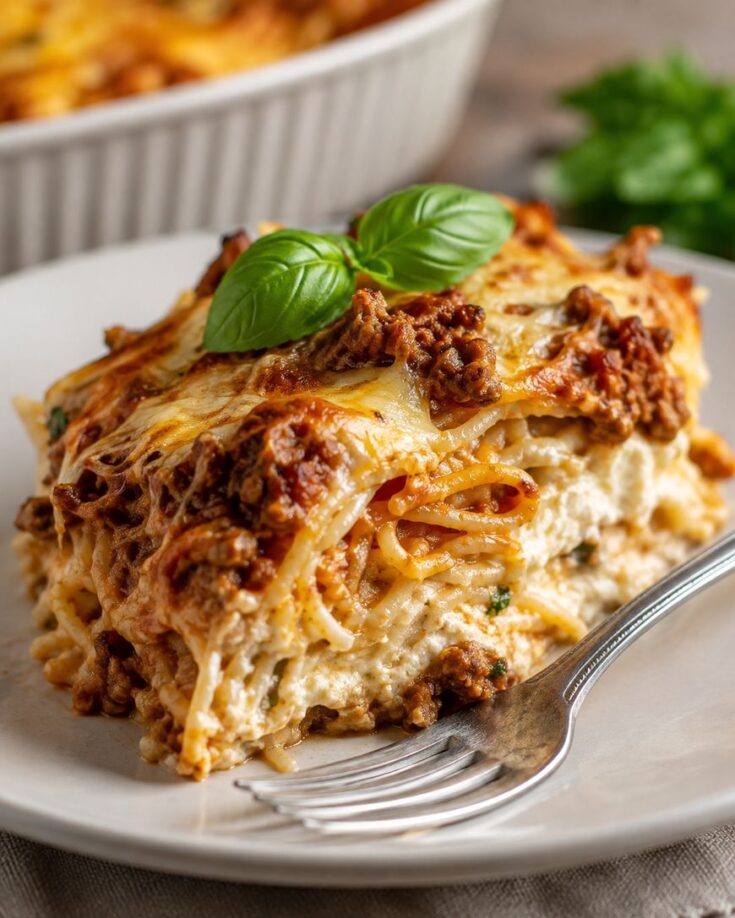 A slice of lasagna with layers of pasta, cheese, and meat sauce sits on a plate, garnished with fresh basil. A fork rests beside it.