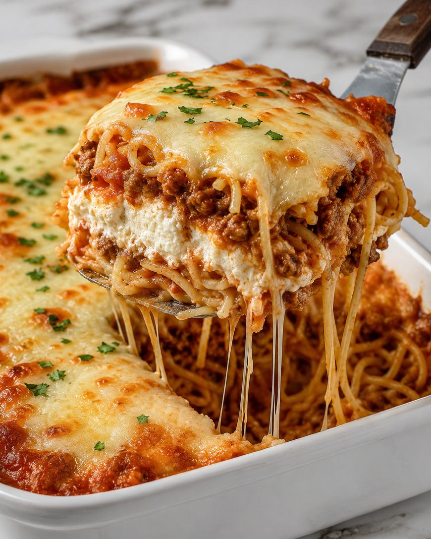 A close-up of a cheesy baked spaghetti casserole being served, showing layers of pasta, meat sauce, and melted cheese, with strands of cheese stretching from the slice.