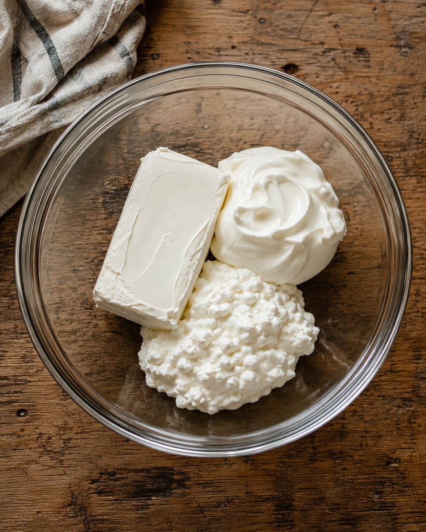 A glass bowl containing a block of cream cheese, a scoop of cottage cheese, and a scoop of sour cream sits on a wooden surface next to a striped cloth.