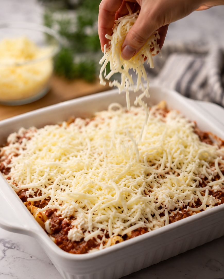 A hand sprinkles shredded cheese over a casserole dish filled with a pasta and meat sauce mixture.